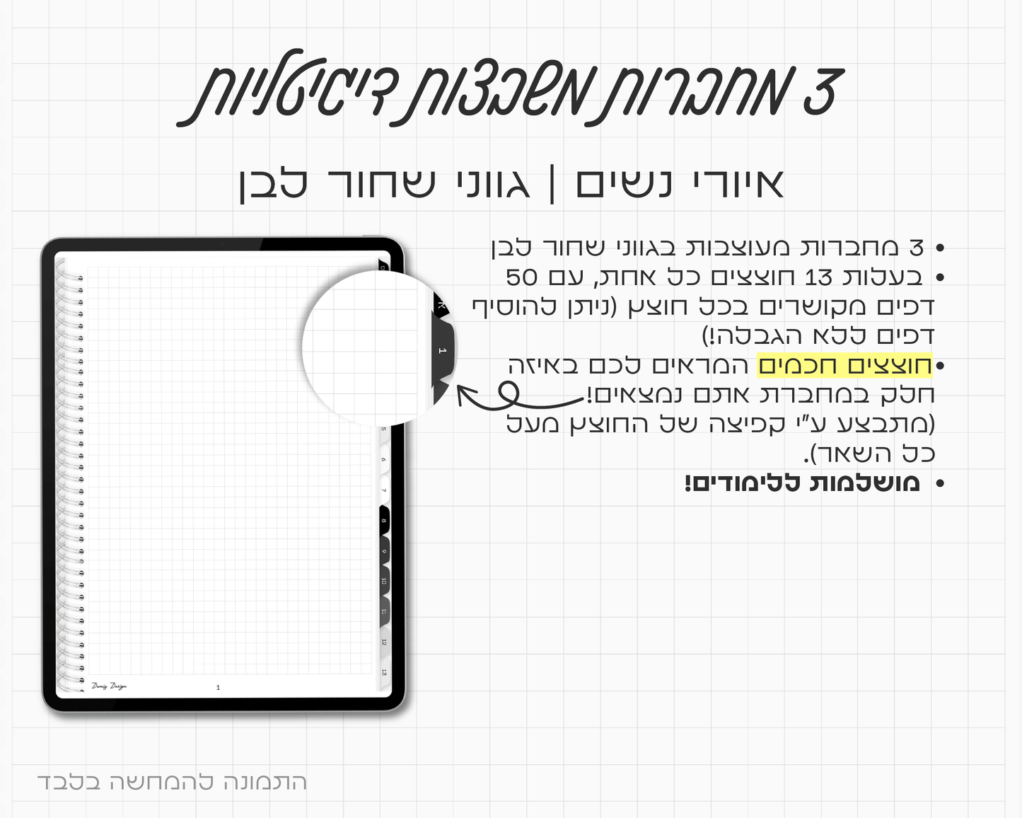 סט של 3 מחברות דיגיטליות | הדפס נשים | משבצות | 13 חוצצים