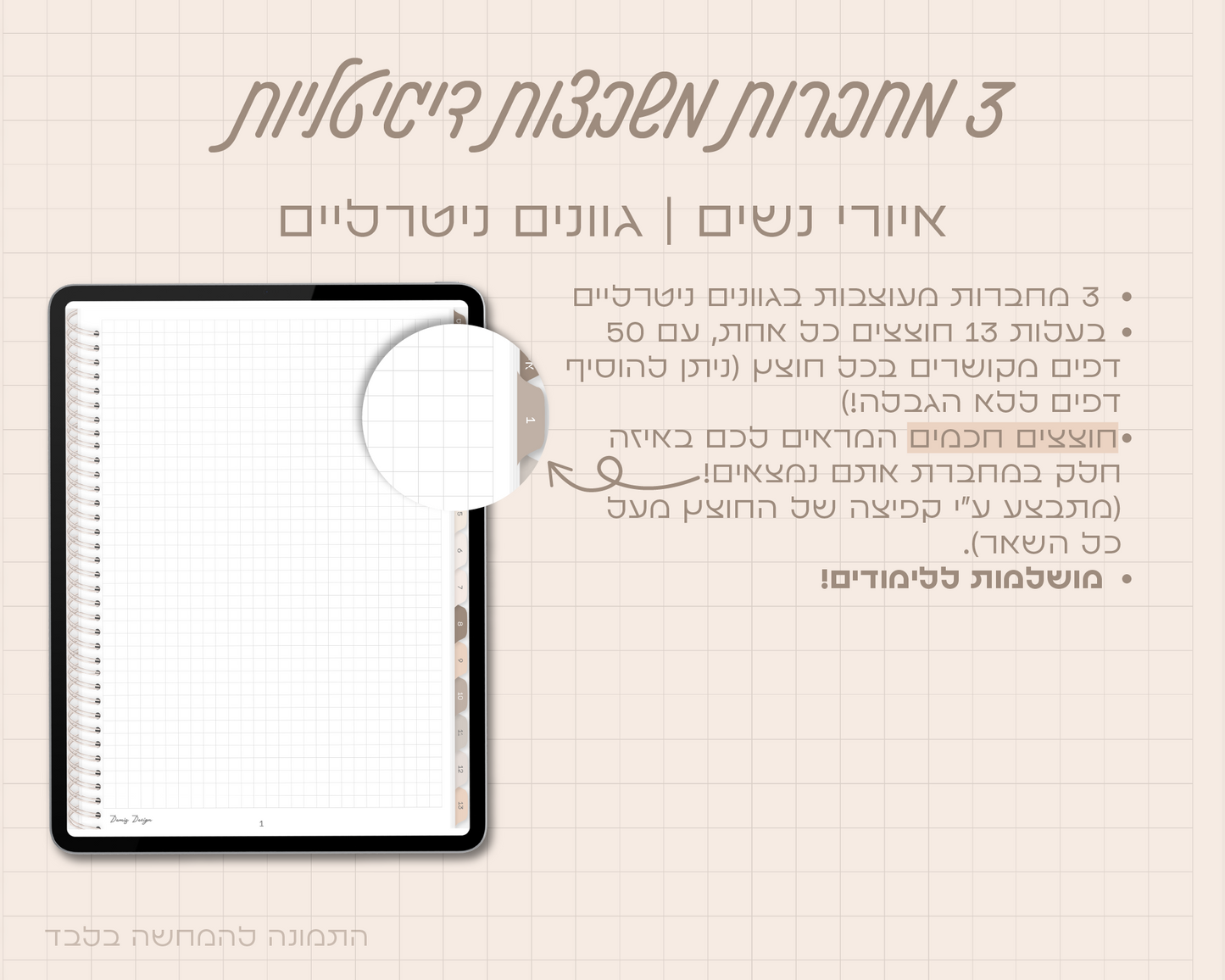 סט של 3 מחברות דיגיטליות | הדפס נשים | משבצות | 13 חוצצים